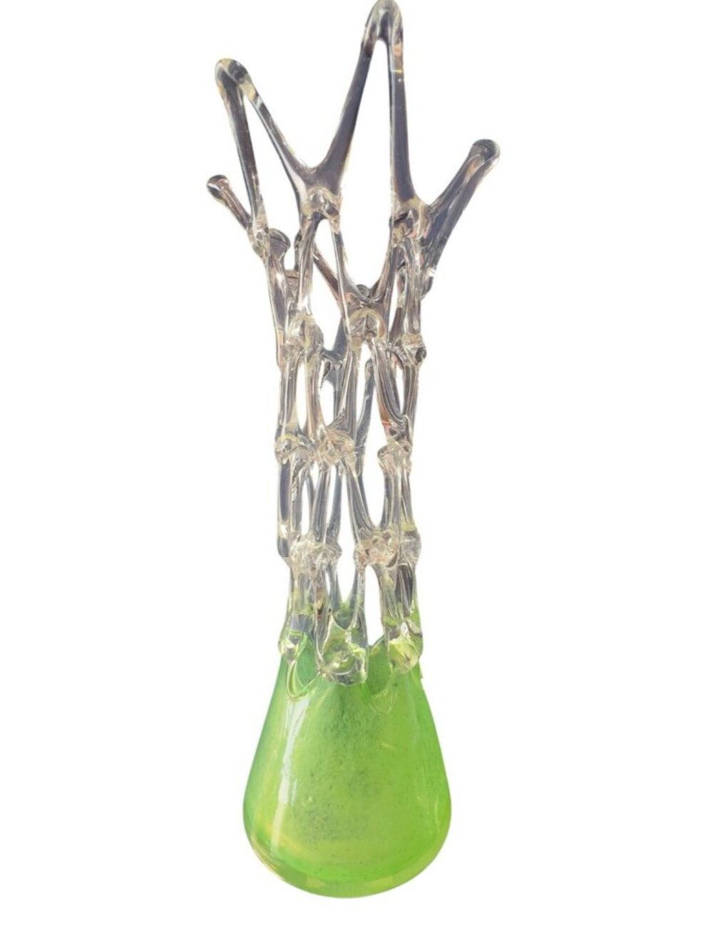 Hand Blown LATTICE Art Glass Vase Green Clear Open Made in Romania 18" H x 8"W